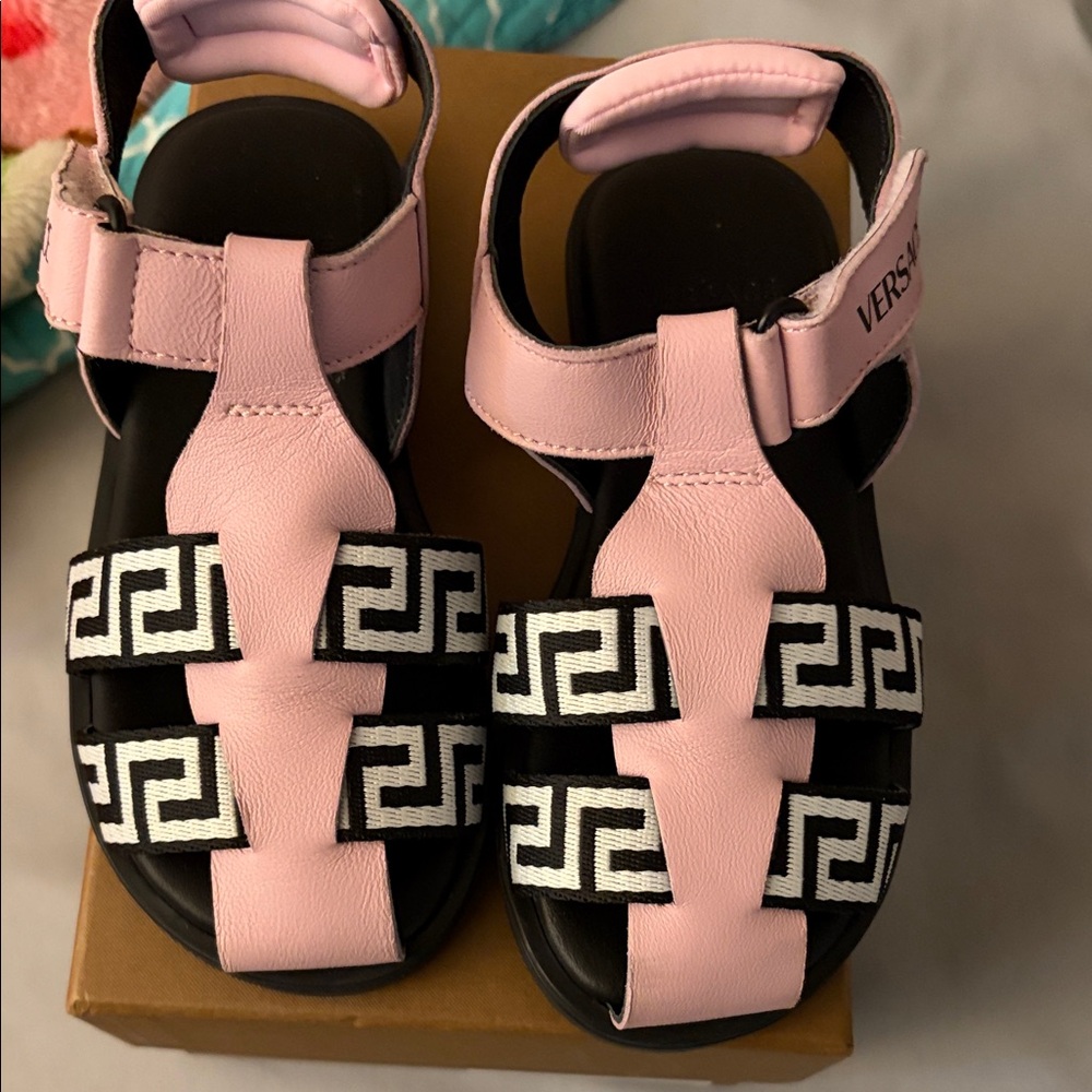Versace Kids Pink and Black Patterned Sandals